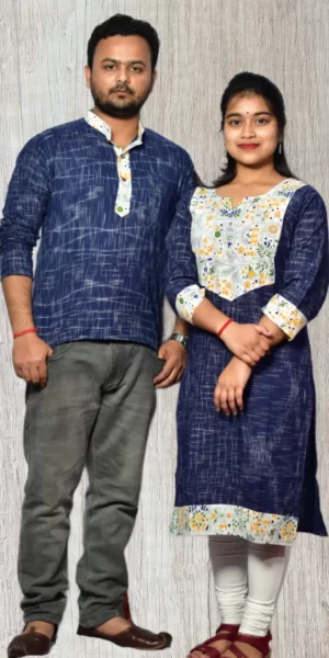 Deep Blue & White Design Kurta & Kurti For Couples