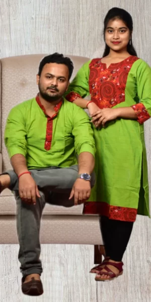 Green & Red Design Kurta & Kurti For Couples