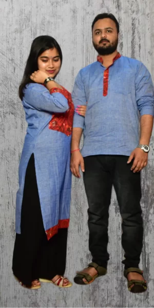 Blue & Red Design Kurta & Kurti For Couples
