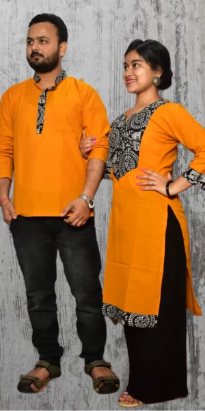 Orange & Black Design Kurta & Kurti For Couples