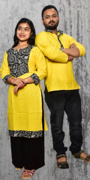 Yellow & Black Design Kurta & Kurti For Couples