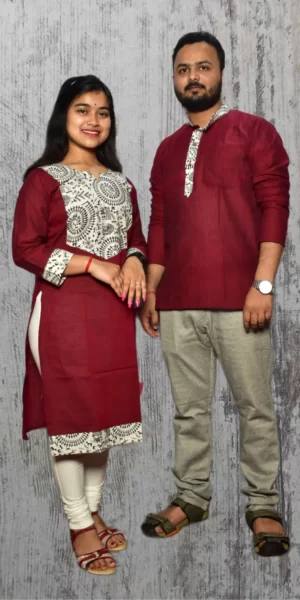 Maroon & White Design Kurta & Kurti For Couples