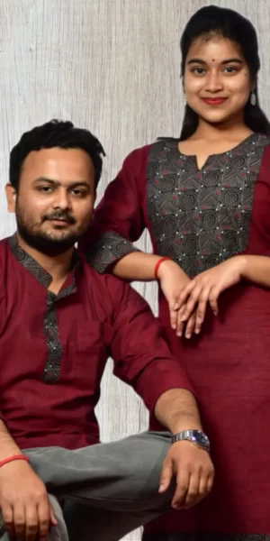 Maroon & Black Design Kurta & Kurti For Couples