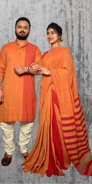 Orange Red Saree & Punjabi for couple