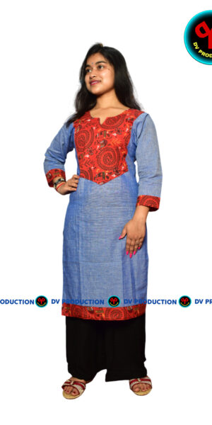 kurti U sky blue with red madhubani
