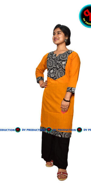 kurti U deep yelow with black madhubani