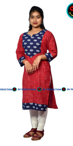 kurti U red jharna with blue indigo leaf