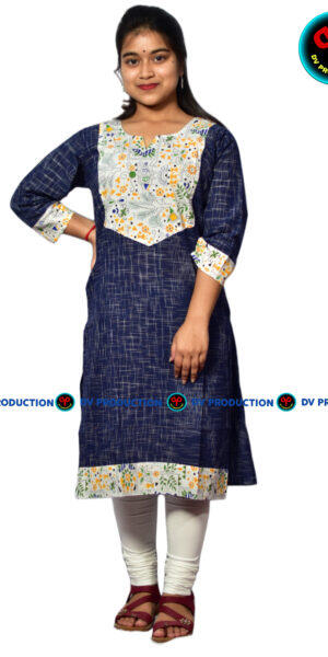 kurti U blue jharna with white print