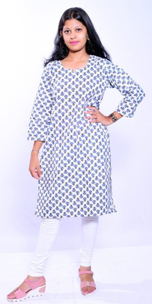 Designer Ethnic Kurti for Women- White & Blue